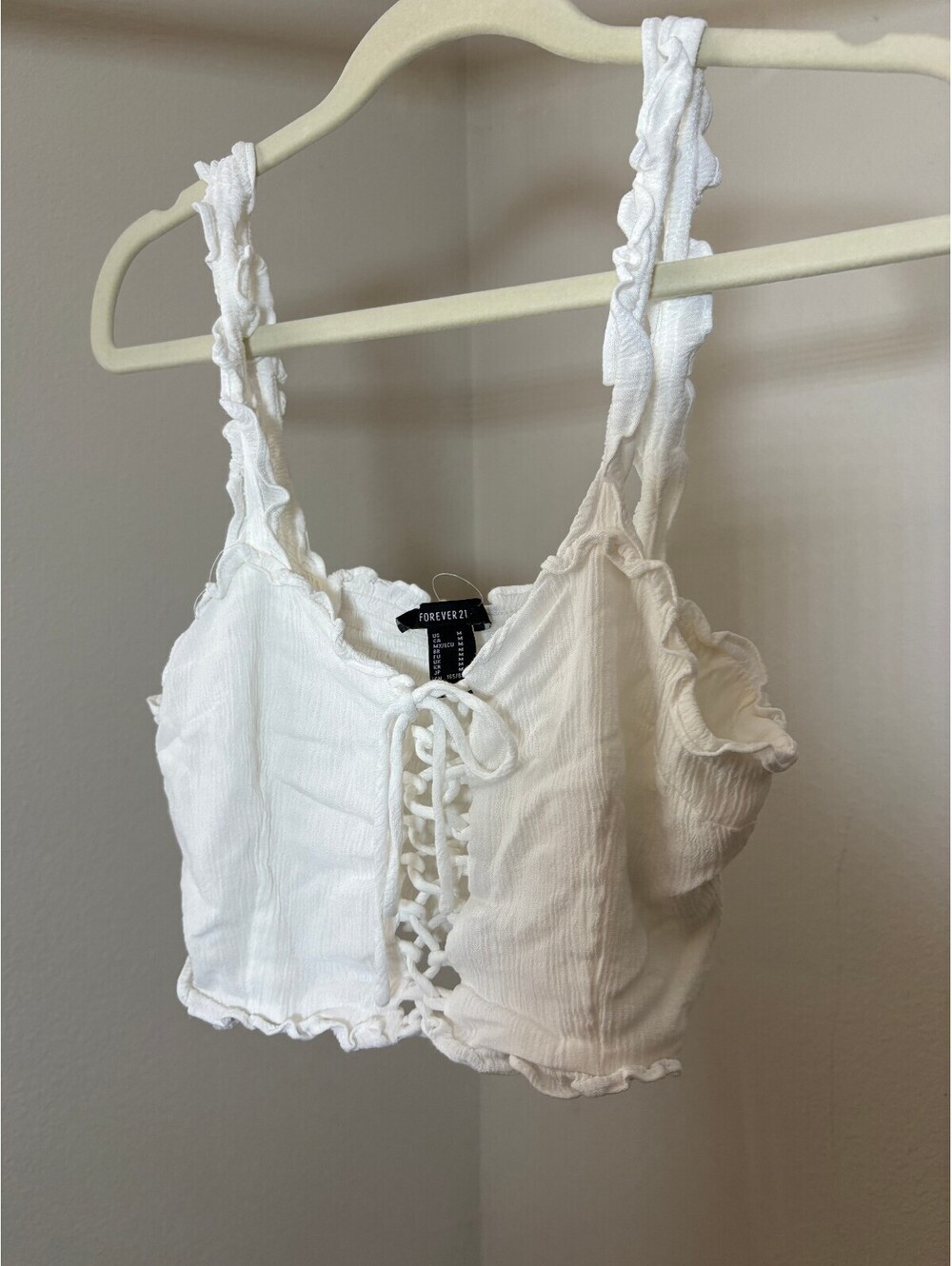 Forever 21 White Ruffle Lace-Up Crop Top, Size Medium